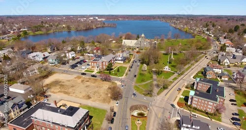 Wakefield historic town center and Lake Quannapowitt aerial view on Main Street in Wakefield, Massachusetts MA, USA. 