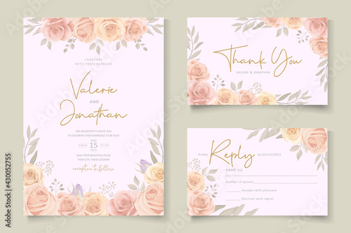 Elegant wedding invitation template with soft color blooming roses flower