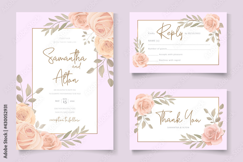 Elegant wedding invitation template with soft color blooming roses flower Elegant wedding invitation template with soft color blooming roses flower