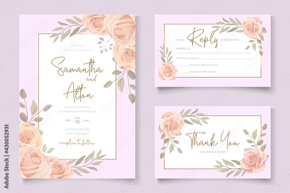 Elegant wedding invitation template with soft color blooming roses flower