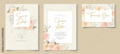 Elegant wedding invitation template with soft color blooming roses flower