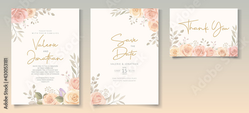 Elegant wedding invitation template with soft color blooming roses flower