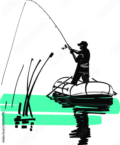 fishing on the rubber boat on the river