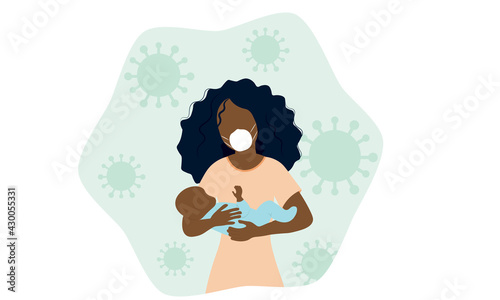 Mother holding her baby wearing face mask in front of a coronavirus background