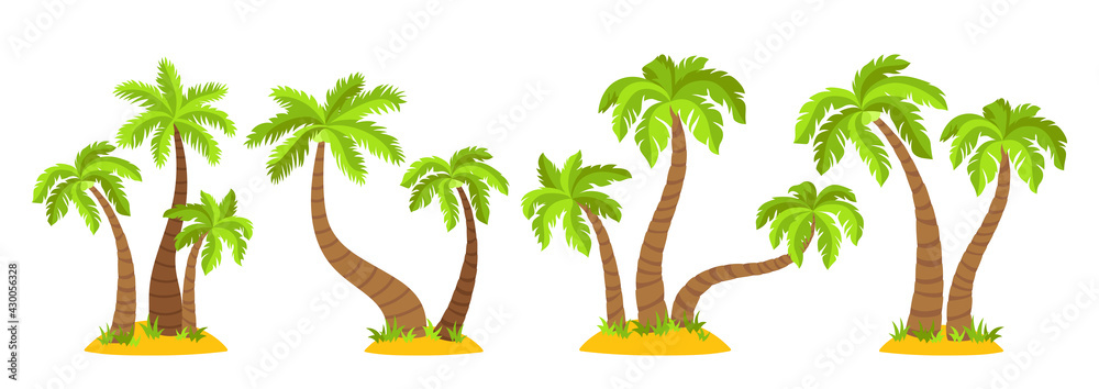 Fototapeta premium Tropical islands with palm trees flat cartoon set. Coconut palm trees nature design element. Hand drawn tree mature and young plants forest. Isolated vector illustration
