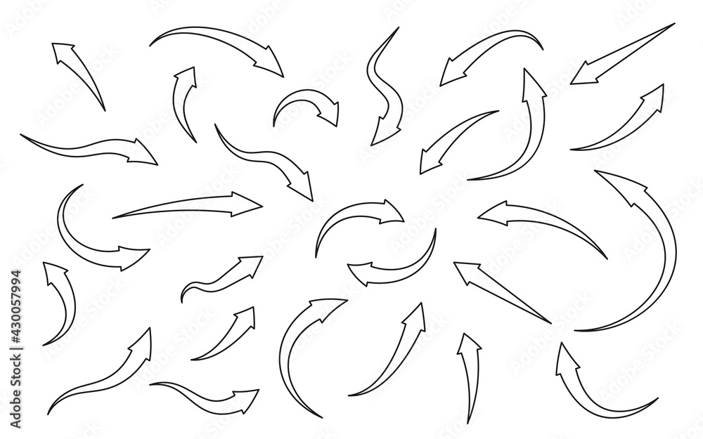 Black linear arrows icons set. Cursor contour curved sign. Navigation pointer. Simple graphic symbol infographic left, right, down. Abstract rotation or refresh. Isolated on white vector illustration