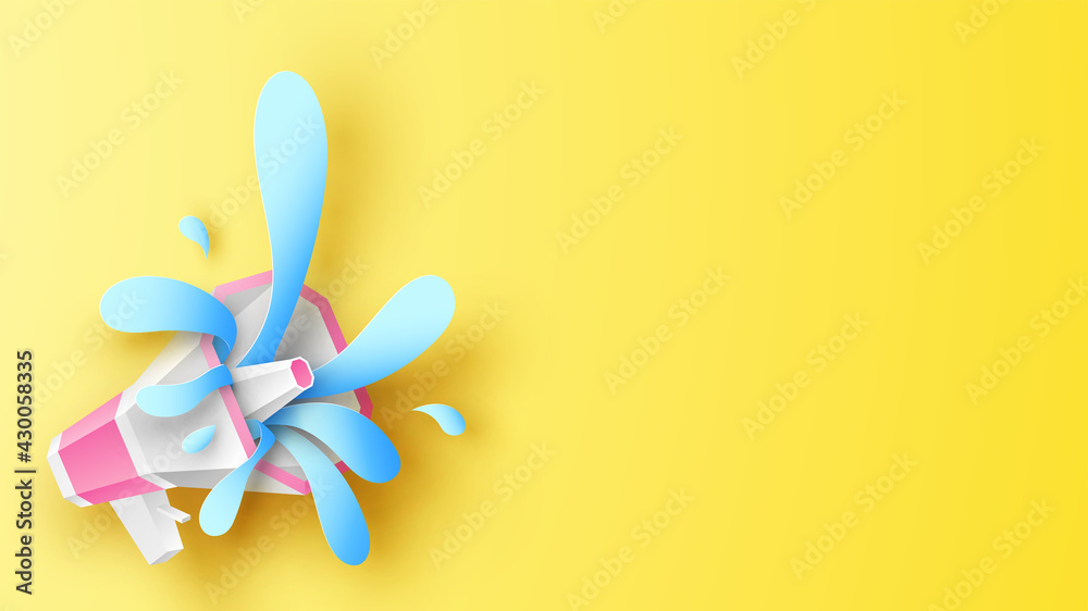 Water splash out of a megaphone. Megaphone water gun. paper cut and craft style. vector, illustration.