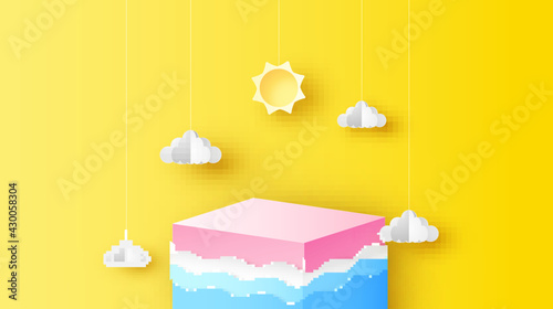 Illustration of Sea on the square box with cloud and sun hanging down. Square box design for used in placing your products in Summer. Paper cut and craft style. vector, illustration.