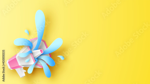Water splash out of a megaphone. Megaphone water gun. paper cut and craft style. vector, illustration.