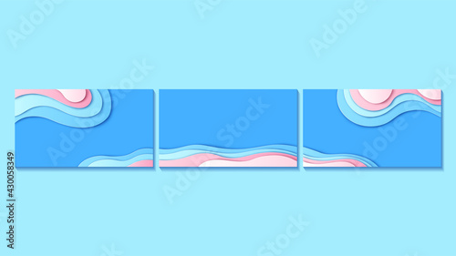 Template 3 sheets of sea view on top view and can connected as single sheet. Sea poster template. paper cut and craft style. vector, illustration.