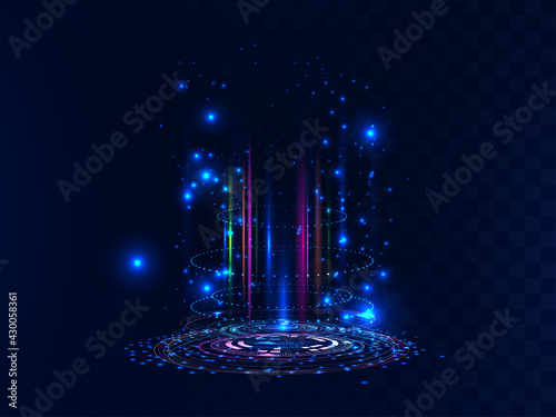 Futuristic and magic portal. Futuristic scene with neon and light effects. Digital circle portal or futuristic hologram. Scifi digital podium or magic teleport for UI, GUI, VR. Vector illustration