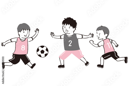 手描き1color　サッカーをする3人の男の子
