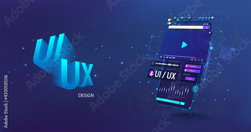 Development, coding, usability. Сoncept of creating a mobile app or website for mobile phones. 3D smartphone in perspective position with elements code and UI design. Vector illustration Mobile App
