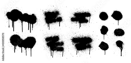 Hand drawn spray graffiti template. Texture ink with splashes and drips of paint on a white background. Grunge graphic stencil elements. Dirty graffiti spray effect. Street art. Vector collection