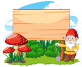 Gnome standing beside blank banner cartoon style on white background