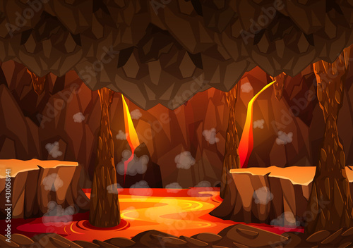 Infernal dark cave with lava scene