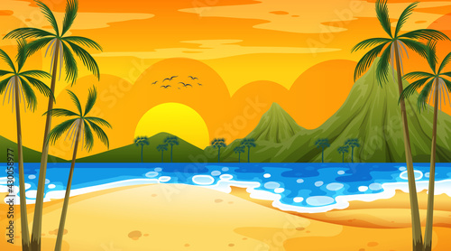 Tropical beach scene with mountain background at sunset time © blueringmedia
