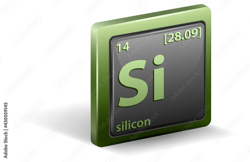 Silicon chemical element. Chemical symbol with atomic number and atomic mass. Silicon chemical element. Chemical symbol with atomic number and atomic mass.