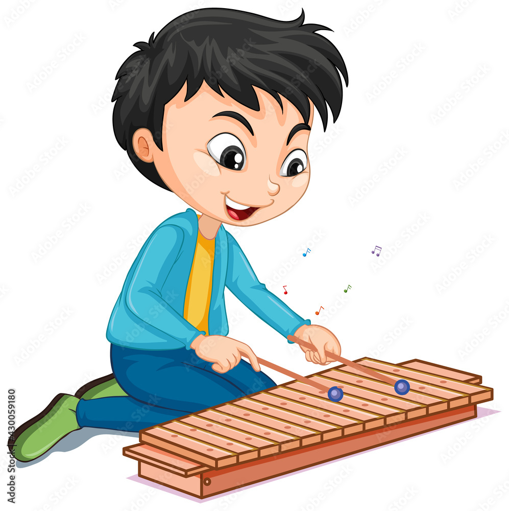 Character of a boy playing xylophone on white background Character of a boy playing xylophone on white background