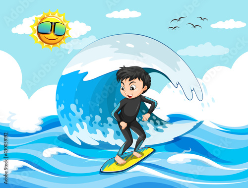 Big wave in the ocean scene with boy standing on a surf board