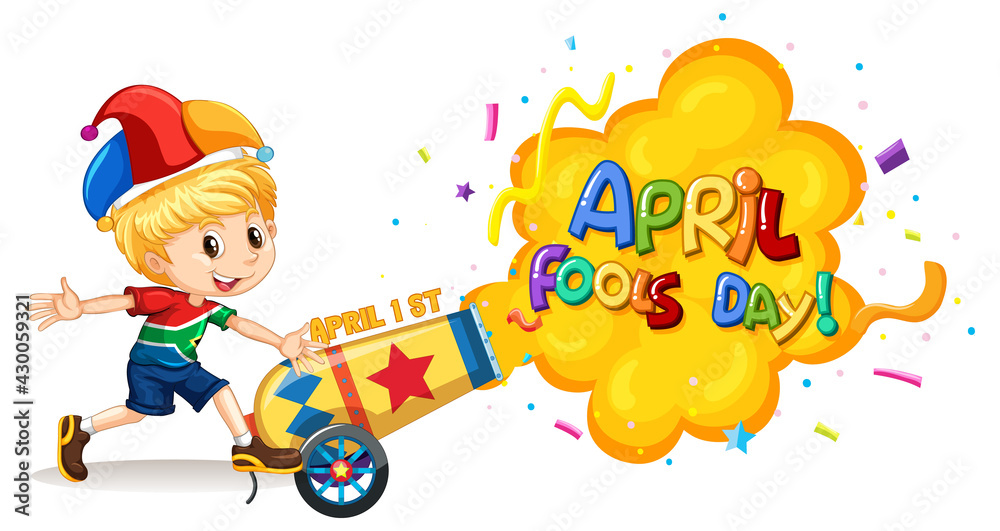 April Fool's Day font logo with a boy wearing jester hat and confetti explosion April Fool's Day font logo with a boy wearing jester hat and confetti explosion