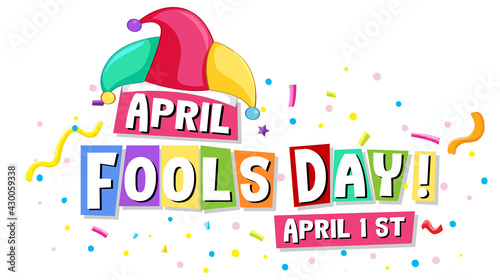April Fool's Day font logo with Jester hat and colorful confetti