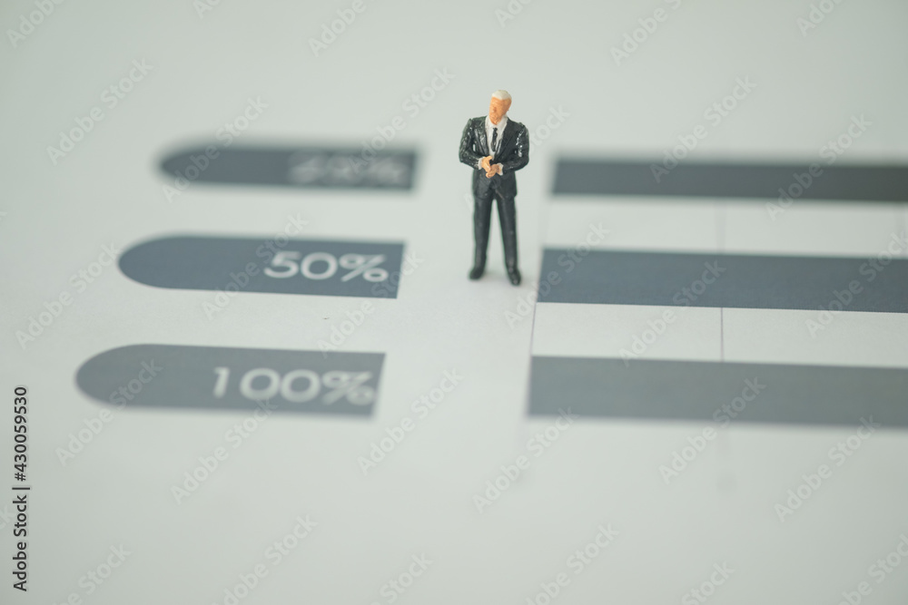 Miniature businessman planning in business growth up to 50 percent per year.