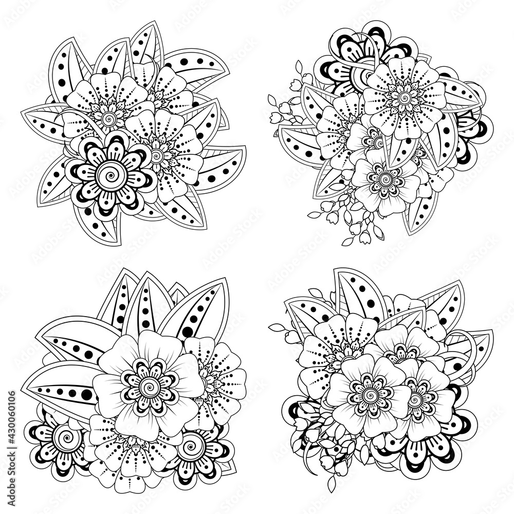 Set of Mehndi flower for henna, mehndi, tattoo, decoration. decorative ornament in ethnic oriental style. coloring book page. Set of Mehndi flower for henna, mehndi, tattoo, decoration. decorative ornament in ethnic oriental style. coloring book page.