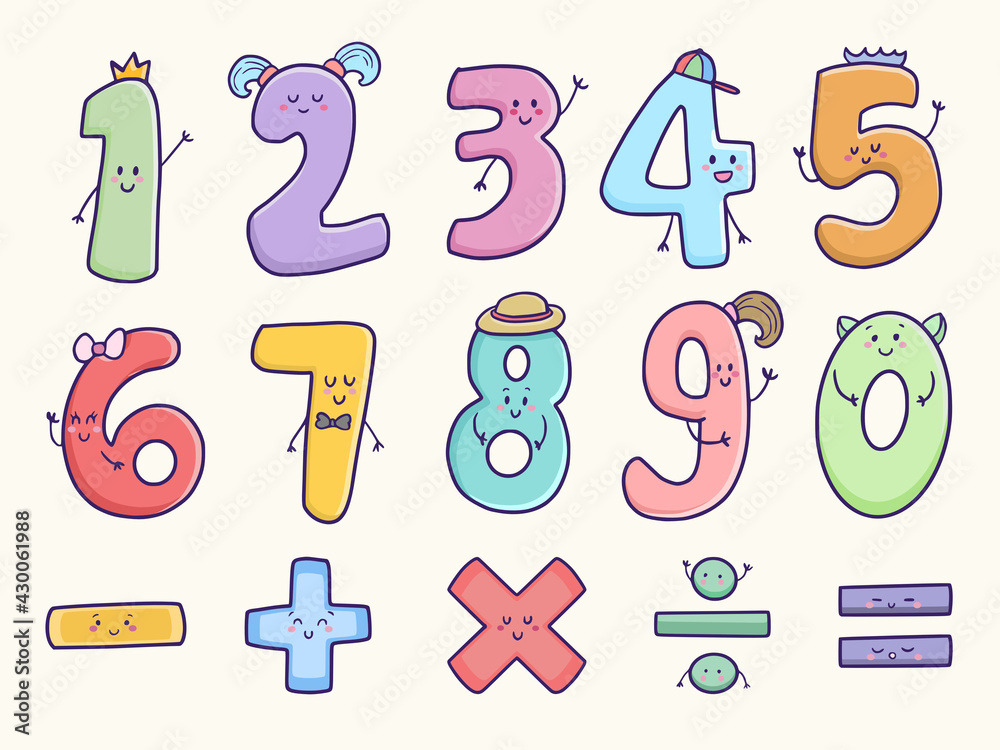 cute numbers cartoon characters illustration collection set Stock