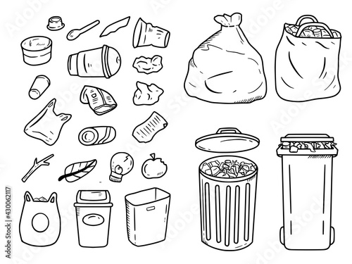 Trash can and garbage doodle drawing icon set illustration line art