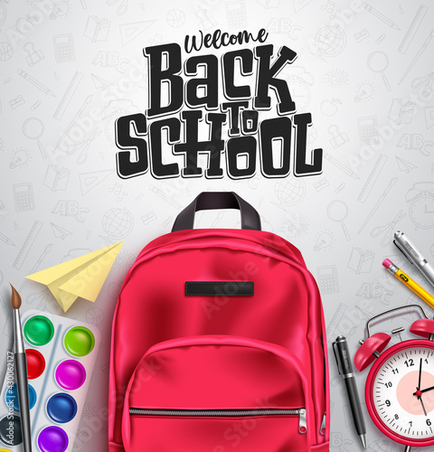 Back to school vector background design. Welcome back to school in empty space for text with educational items like bag, water color, alarm clock and pen in pattern background. Vector illustration