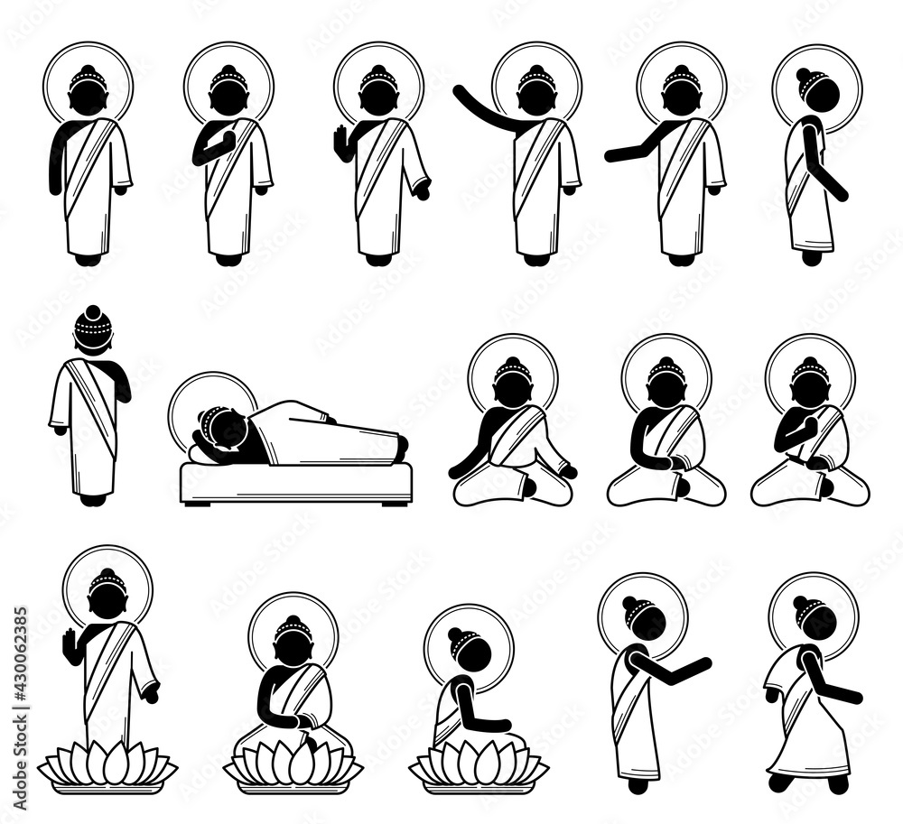 Gautama Buddha God monk poses postures in stick figure icons. Vector illustrations of Gautama Buddha standing, sitting, and laying down.