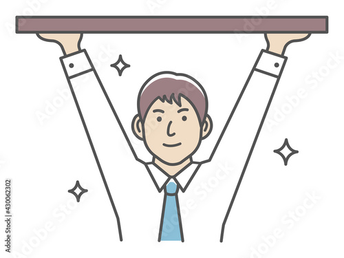 Young man holding object above. Vector illustration.