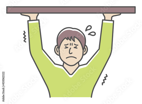 Young man holding object above. Vector illustration.