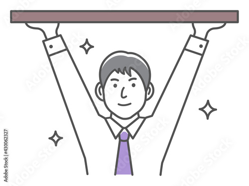 Young man holding object above. Vector illustration.