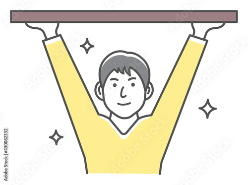 Young man holding object above. Vector illustration.