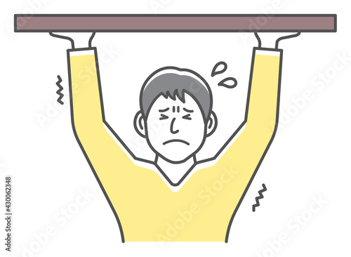 Young man holding object above. Vector illustration.