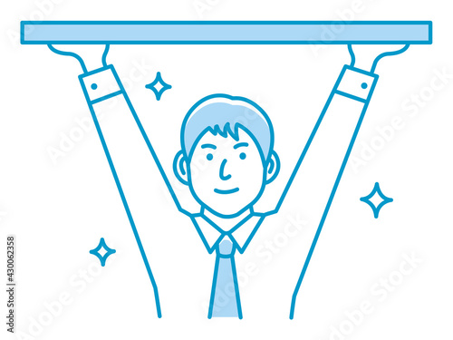 Young man holding object above. Vector illustration.