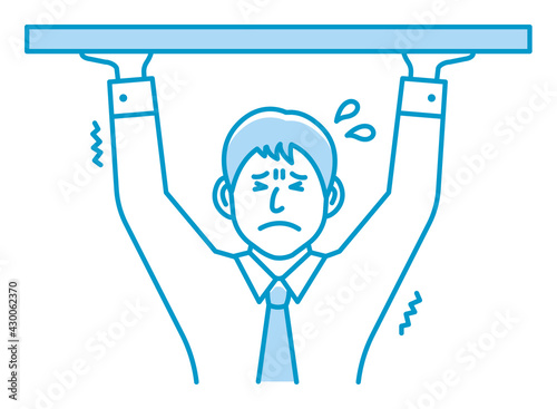 Young man holding object above. Vector illustration.