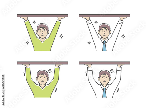 Young man holding object above. Vector illustration set.