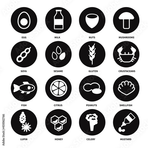Large set of black and white icons with the main allergens in food