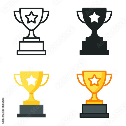 Trophy icon in different style. Line, solid, flat, filled outline symbol for design. Winner, award, cup, champ, contest, prize, won concept. Vector illustration isolated on white background. EPS 10.