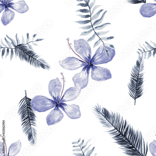 Cobalt Seamless Texture. Navy Pattern Leaf. Indigo Tropical Nature. Gray Flower Leaves. Blue Drawing Design. White Watercolor Background. Spring Background.