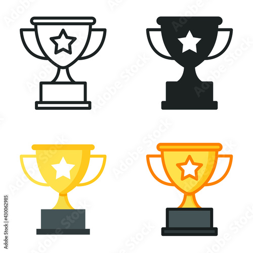Trophy icon in different style. Line, solid, flat, filled outline symbol for design. Winner, award, cup, champ, contest, prize, won concept. Vector illustration isolated on white background. EPS 10.
