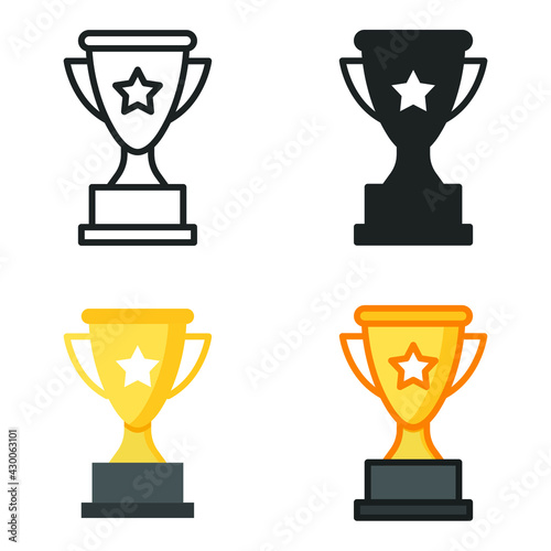 Trophy icon in different style. Line, solid, flat, filled outline symbol for design. Winner, award, cup, champ, contest, prize, won concept. Vector illustration isolated on white background. EPS 10.