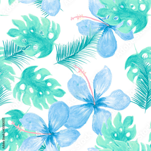 White Seamless Texture. Indigo Pattern Exotic. Navy Tropical Painting. Cobalt Wallpaper Foliage. Blue Drawing Background. Gray Decoration Hibiscus. Monstera Leaves.