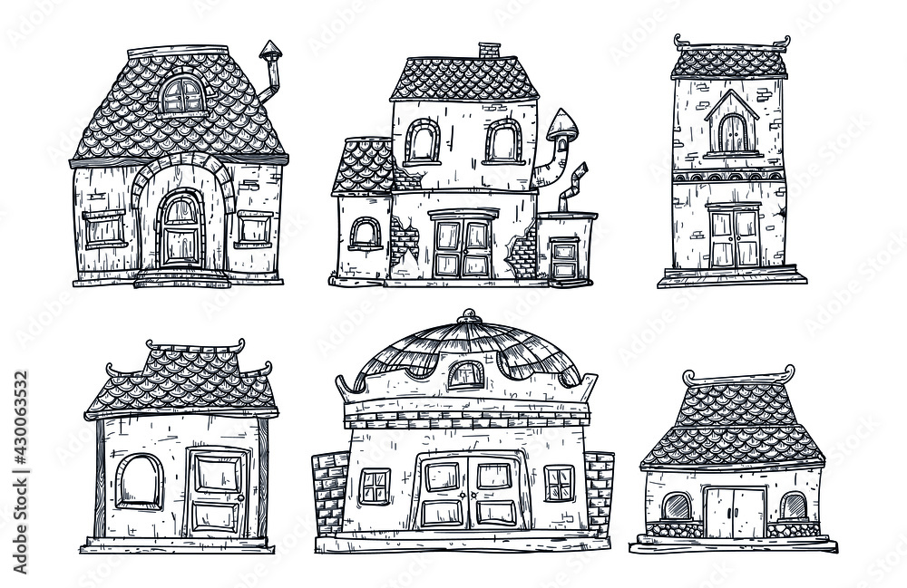 Black and white set of sketch illustration, houses, vector illustration 