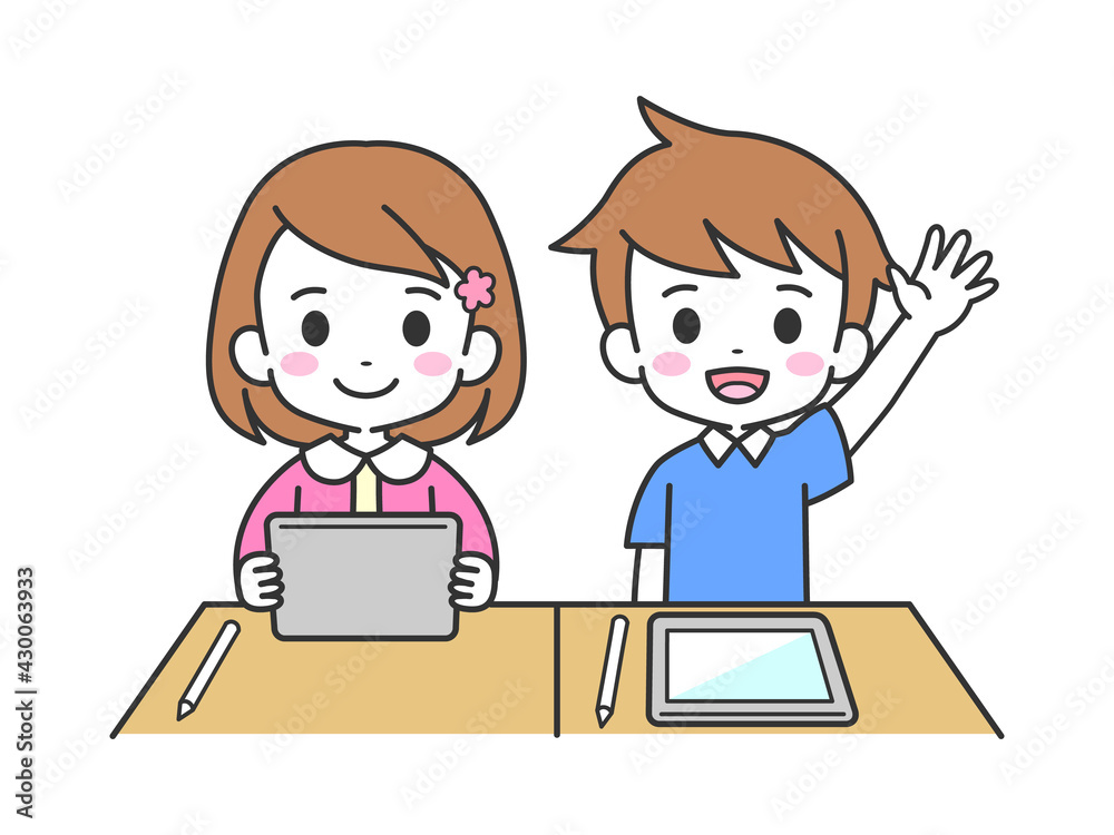 タブレットで授業を受ける女の子と男の子 イラスト素材 タブレットで授業を受ける女の子と男の子 イラスト素材