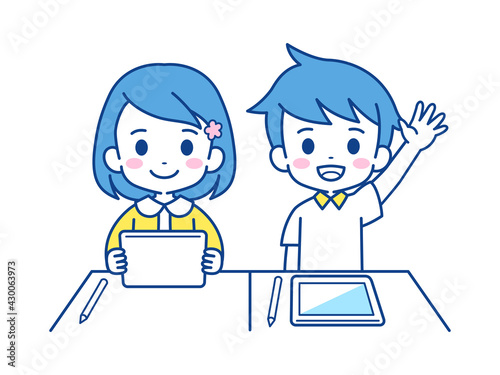 タブレットで授業を受ける女の子と男の子　イラスト素材　