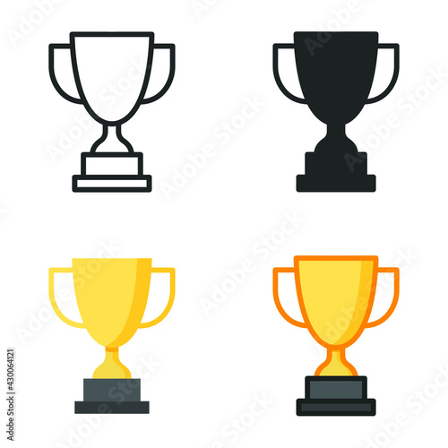 Trophy icon in different style. Line, solid, flat, filled outline symbol for design. Winner, award, cup, champ, contest, prize, won concept. Vector illustration isolated on white background. EPS 10.